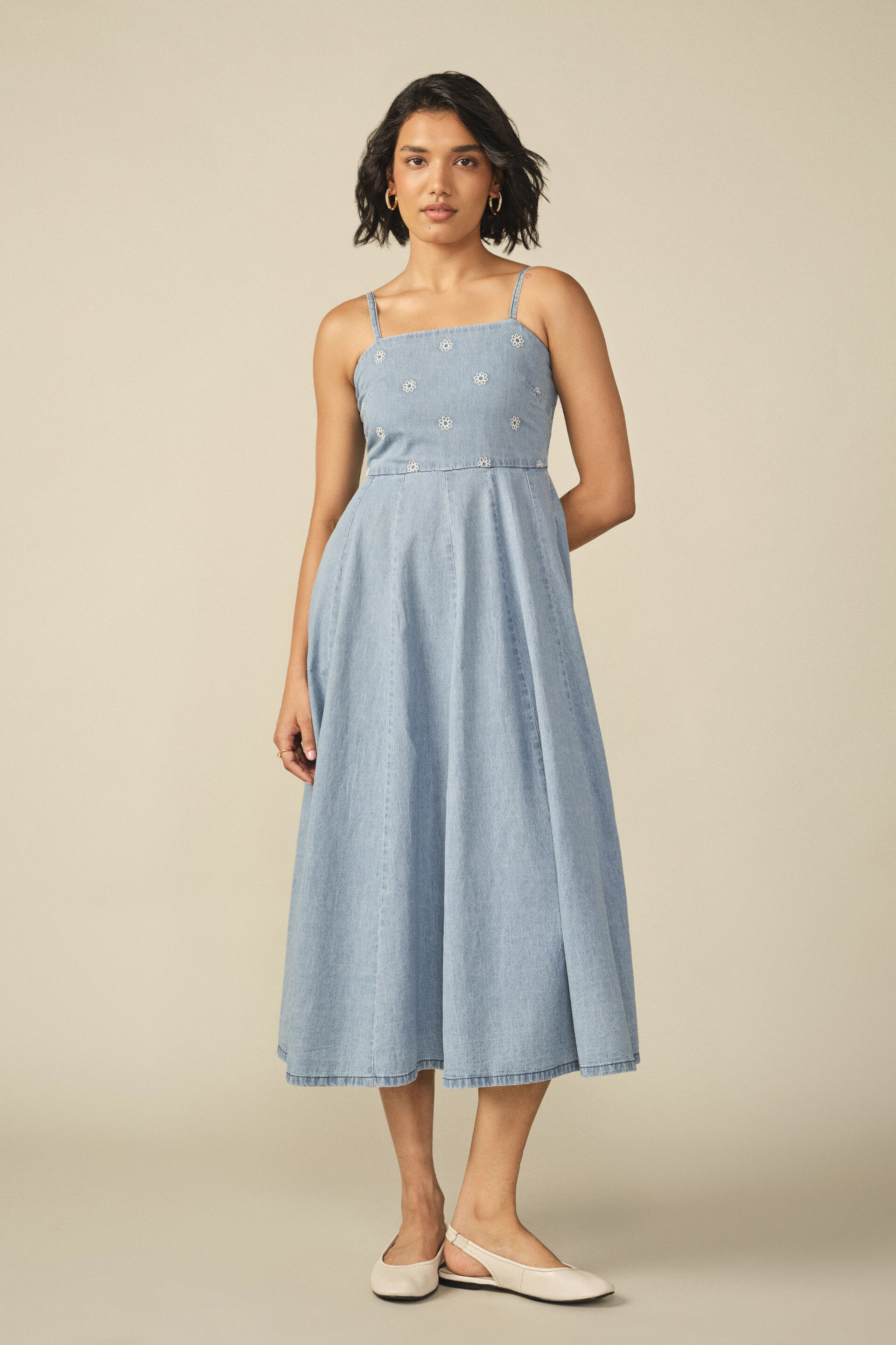 Fit & Flare Embroidered Dress in Light Blue